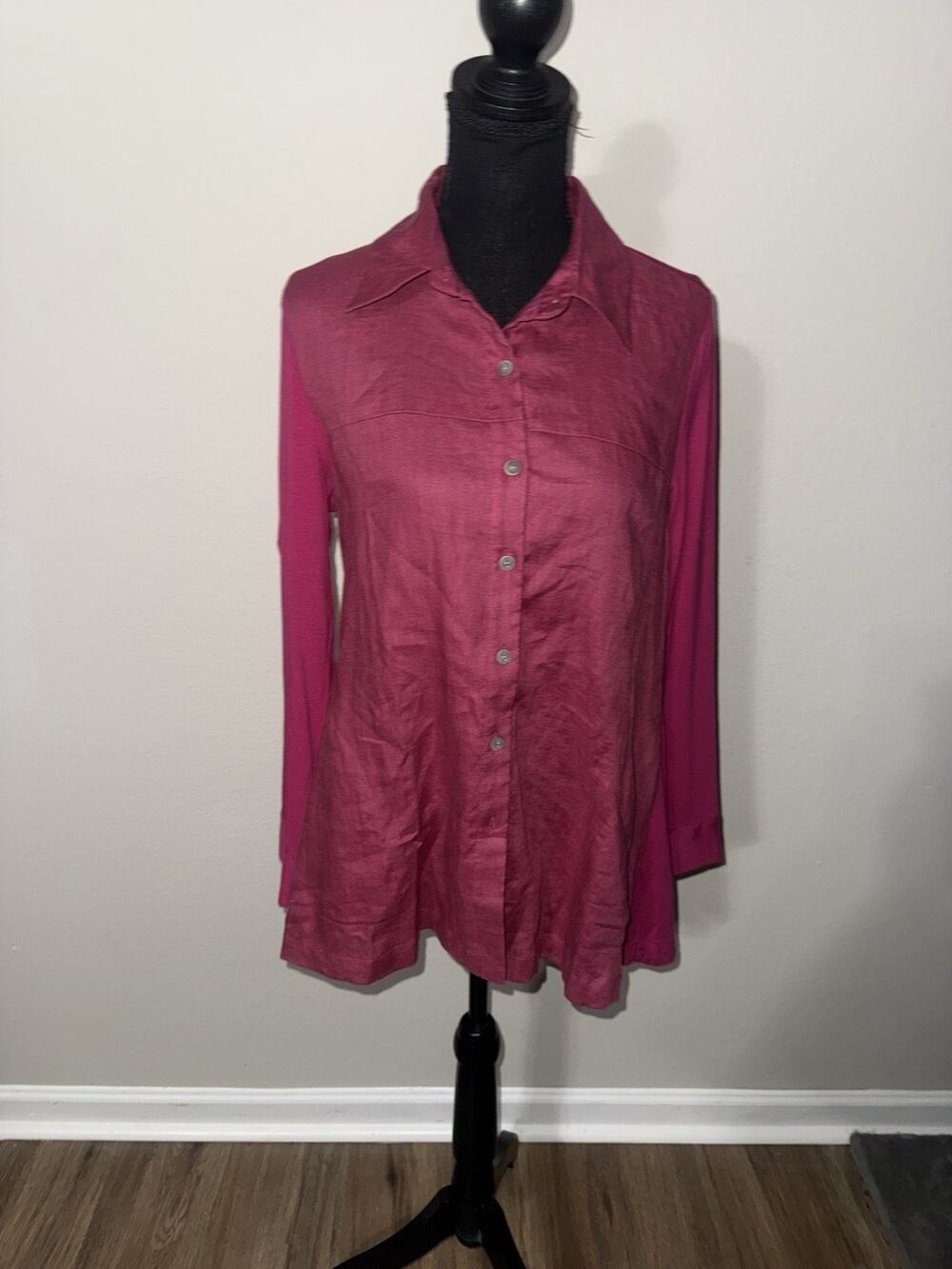 Lisa Bayne Top Artsy XS Magenta Linen Contrast Bamboo Long Sleeve Lagenlook